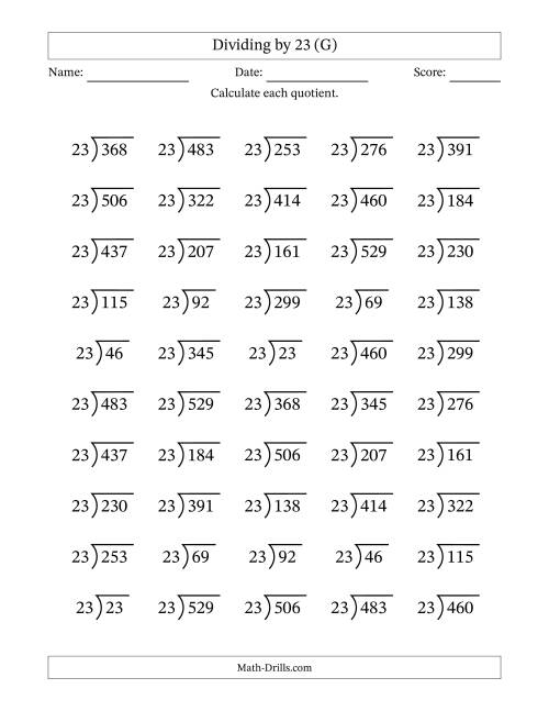 The Division Facts by a Fixed Divisor (23) and Quotients from 1 to 23 with Long Division Symbol/Bracket (50 questions) (G) Math Worksheet
