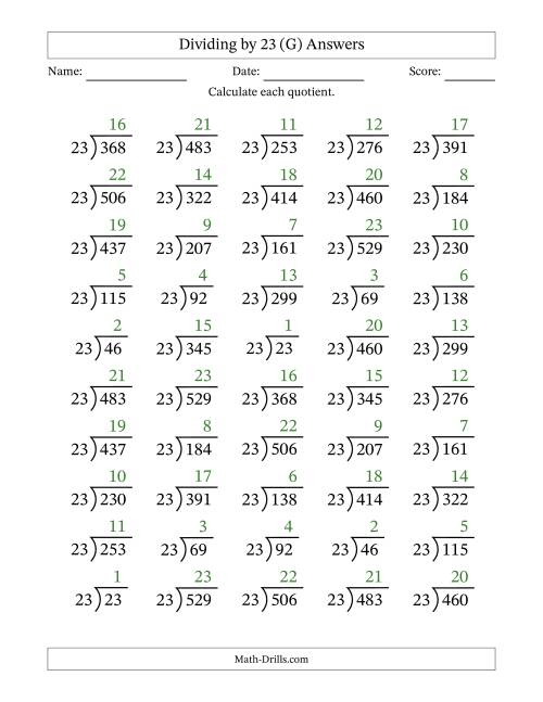 The Division Facts by a Fixed Divisor (23) and Quotients from 1 to 23 with Long Division Symbol/Bracket (50 questions) (G) Math Worksheet Page 2