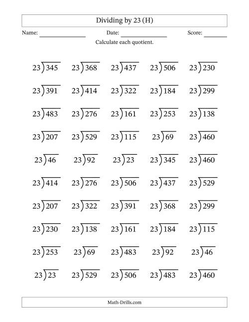 The Division Facts by a Fixed Divisor (23) and Quotients from 1 to 23 with Long Division Symbol/Bracket (50 questions) (H) Math Worksheet