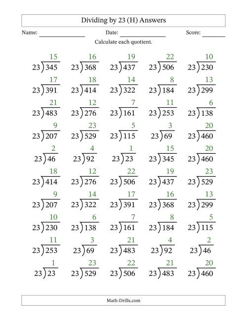The Division Facts by a Fixed Divisor (23) and Quotients from 1 to 23 with Long Division Symbol/Bracket (50 questions) (H) Math Worksheet Page 2