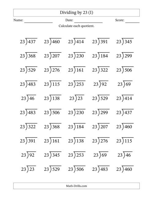 The Division Facts by a Fixed Divisor (23) and Quotients from 1 to 23 with Long Division Symbol/Bracket (50 questions) (I) Math Worksheet