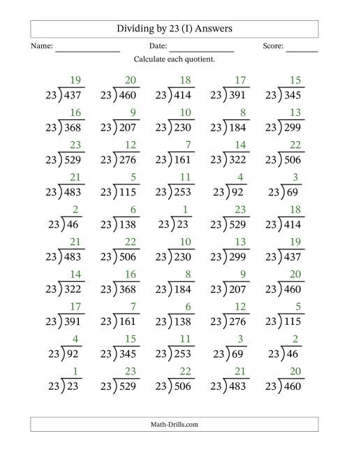 The Division Facts by a Fixed Divisor (23) and Quotients from 1 to 23 with Long Division Symbol/Bracket (50 questions) (I) Math Worksheet Page 2