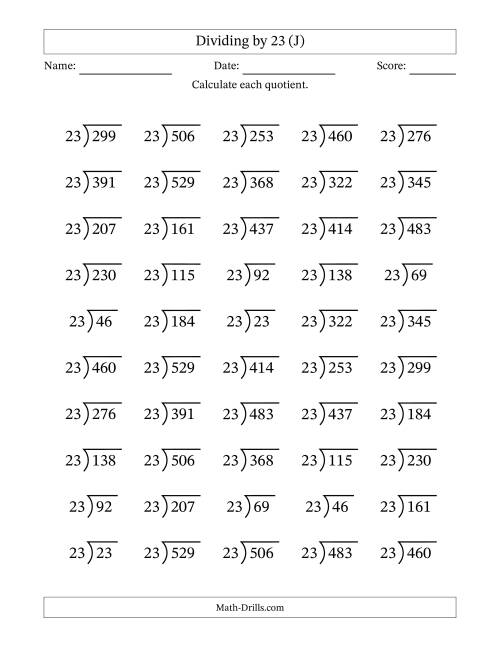 The Division Facts by a Fixed Divisor (23) and Quotients from 1 to 23 with Long Division Symbol/Bracket (50 questions) (J) Math Worksheet