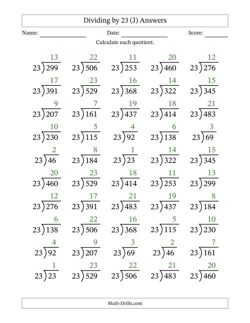 The Division Facts by a Fixed Divisor (23) and Quotients from 1 to 23 with Long Division Symbol/Bracket (50 questions) (J) Math Worksheet Page 2