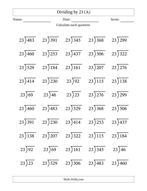 The Division Facts by a Fixed Divisor (23) and Quotients from 1 to 23 with Long Division Symbol/Bracket (50 questions) (All) Math Worksheet