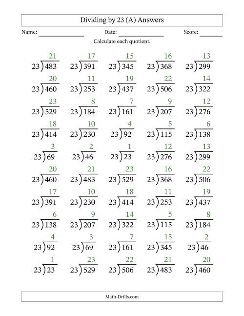 The Division Facts by a Fixed Divisor (23) and Quotients from 1 to 23 with Long Division Symbol/Bracket (50 questions) (All) Math Worksheet Page 2