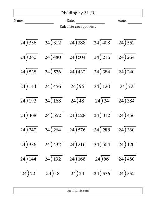 The Division Facts by a Fixed Divisor (24) and Quotients from 1 to 24 with Long Division Symbol/Bracket (50 questions) (B) Math Worksheet