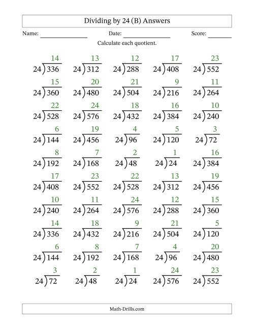 The Division Facts by a Fixed Divisor (24) and Quotients from 1 to 24 with Long Division Symbol/Bracket (50 questions) (B) Math Worksheet Page 2