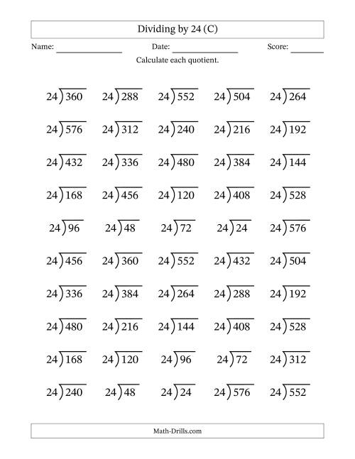 The Division Facts by a Fixed Divisor (24) and Quotients from 1 to 24 with Long Division Symbol/Bracket (50 questions) (C) Math Worksheet