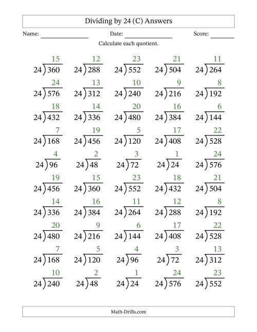 The Division Facts by a Fixed Divisor (24) and Quotients from 1 to 24 with Long Division Symbol/Bracket (50 questions) (C) Math Worksheet Page 2