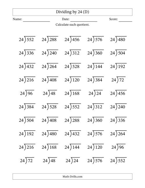 The Division Facts by a Fixed Divisor (24) and Quotients from 1 to 24 with Long Division Symbol/Bracket (50 questions) (D) Math Worksheet