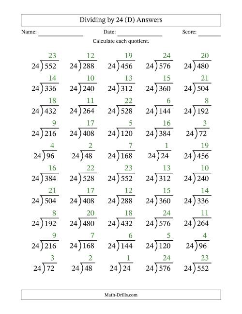 The Division Facts by a Fixed Divisor (24) and Quotients from 1 to 24 with Long Division Symbol/Bracket (50 questions) (D) Math Worksheet Page 2