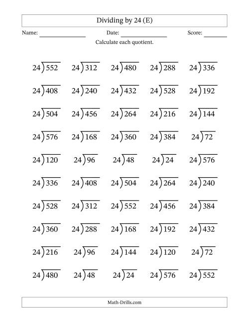 The Division Facts by a Fixed Divisor (24) and Quotients from 1 to 24 with Long Division Symbol/Bracket (50 questions) (E) Math Worksheet