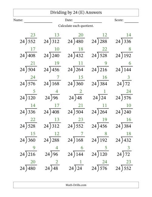 The Division Facts by a Fixed Divisor (24) and Quotients from 1 to 24 with Long Division Symbol/Bracket (50 questions) (E) Math Worksheet Page 2