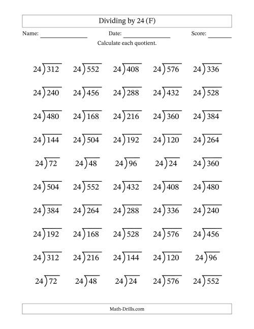 The Division Facts by a Fixed Divisor (24) and Quotients from 1 to 24 with Long Division Symbol/Bracket (50 questions) (F) Math Worksheet