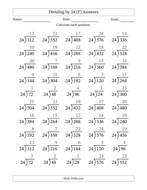 The Division Facts by a Fixed Divisor (24) and Quotients from 1 to 24 with Long Division Symbol/Bracket (50 questions) (F) Math Worksheet Page 2
