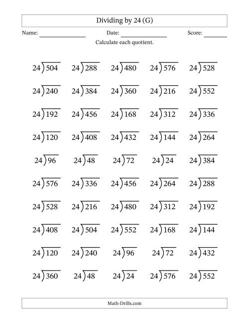 The Division Facts by a Fixed Divisor (24) and Quotients from 1 to 24 with Long Division Symbol/Bracket (50 questions) (G) Math Worksheet
