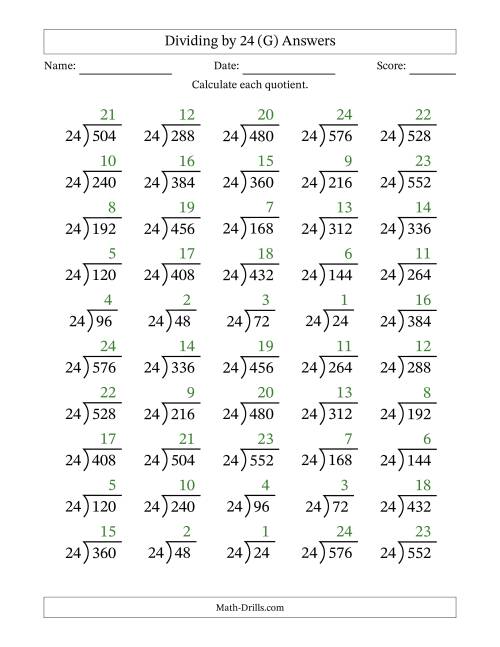 The Division Facts by a Fixed Divisor (24) and Quotients from 1 to 24 with Long Division Symbol/Bracket (50 questions) (G) Math Worksheet Page 2