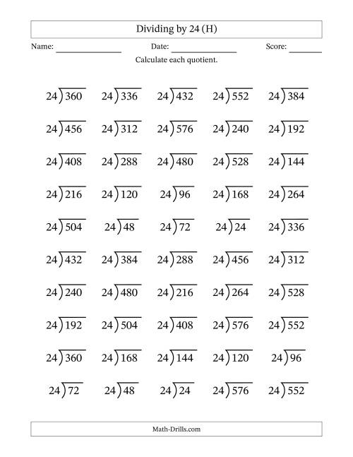 The Division Facts by a Fixed Divisor (24) and Quotients from 1 to 24 with Long Division Symbol/Bracket (50 questions) (H) Math Worksheet