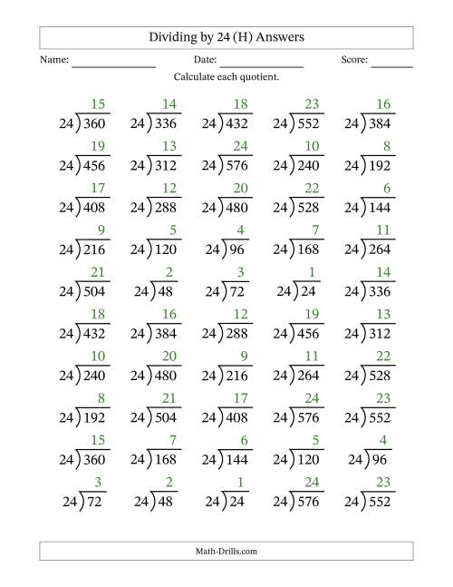 The Division Facts by a Fixed Divisor (24) and Quotients from 1 to 24 with Long Division Symbol/Bracket (50 questions) (H) Math Worksheet Page 2