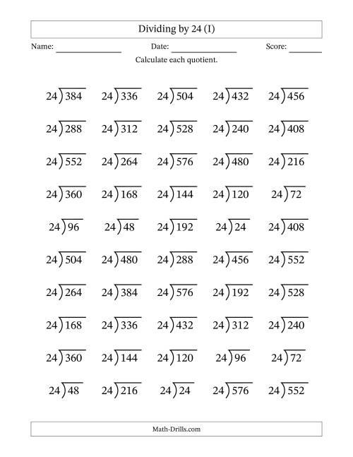 The Division Facts by a Fixed Divisor (24) and Quotients from 1 to 24 with Long Division Symbol/Bracket (50 questions) (I) Math Worksheet