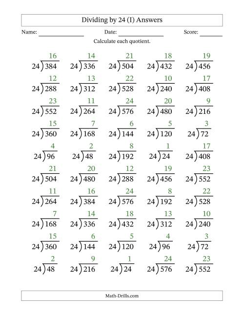 The Division Facts by a Fixed Divisor (24) and Quotients from 1 to 24 with Long Division Symbol/Bracket (50 questions) (I) Math Worksheet Page 2