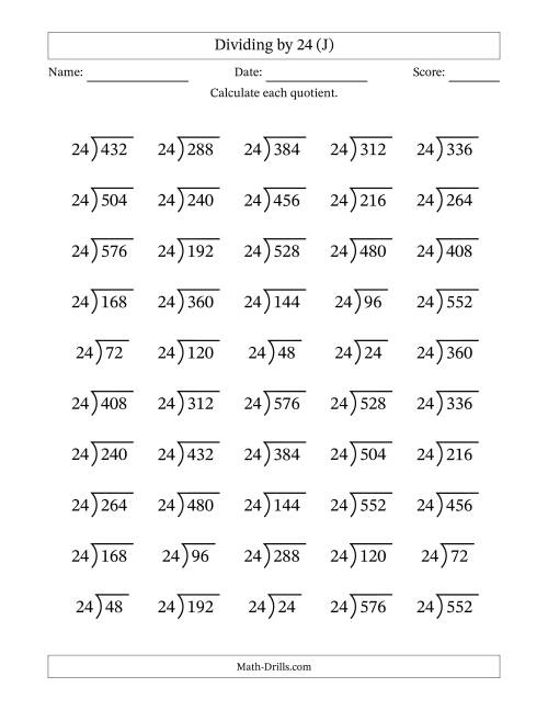The Division Facts by a Fixed Divisor (24) and Quotients from 1 to 24 with Long Division Symbol/Bracket (50 questions) (J) Math Worksheet