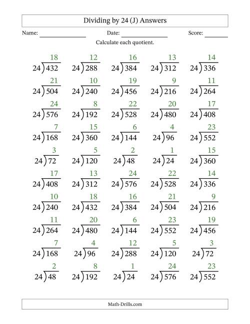 The Division Facts by a Fixed Divisor (24) and Quotients from 1 to 24 with Long Division Symbol/Bracket (50 questions) (J) Math Worksheet Page 2