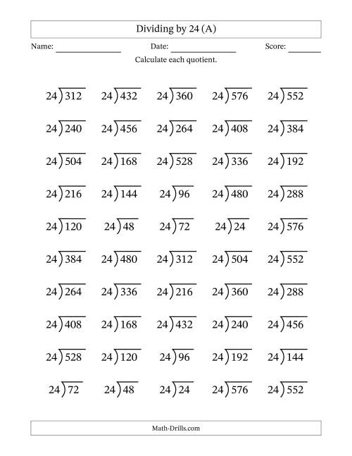 The Division Facts by a Fixed Divisor (24) and Quotients from 1 to 24 with Long Division Symbol/Bracket (50 questions) (All) Math Worksheet