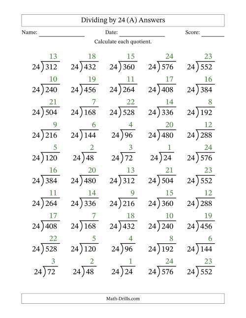The Division Facts by a Fixed Divisor (24) and Quotients from 1 to 24 with Long Division Symbol/Bracket (50 questions) (All) Math Worksheet Page 2