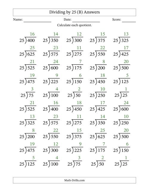 The Division Facts by a Fixed Divisor (25) and Quotients from 1 to 25 with Long Division Symbol/Bracket (50 questions) (B) Math Worksheet Page 2