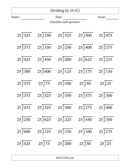 The Division Facts by a Fixed Divisor (25) and Quotients from 1 to 25 with Long Division Symbol/Bracket (50 questions) (C) Math Worksheet