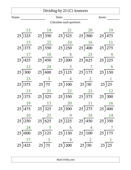 The Division Facts by a Fixed Divisor (25) and Quotients from 1 to 25 with Long Division Symbol/Bracket (50 questions) (C) Math Worksheet Page 2