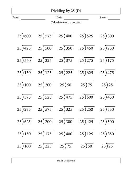 The Division Facts by a Fixed Divisor (25) and Quotients from 1 to 25 with Long Division Symbol/Bracket (50 questions) (D) Math Worksheet