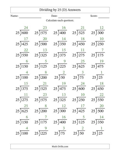 The Division Facts by a Fixed Divisor (25) and Quotients from 1 to 25 with Long Division Symbol/Bracket (50 questions) (D) Math Worksheet Page 2