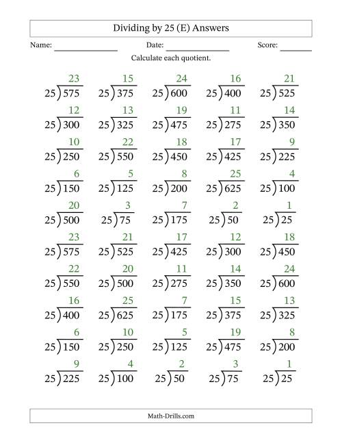 The Division Facts by a Fixed Divisor (25) and Quotients from 1 to 25 with Long Division Symbol/Bracket (50 questions) (E) Math Worksheet Page 2