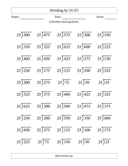 The Division Facts by a Fixed Divisor (25) and Quotients from 1 to 25 with Long Division Symbol/Bracket (50 questions) (F) Math Worksheet