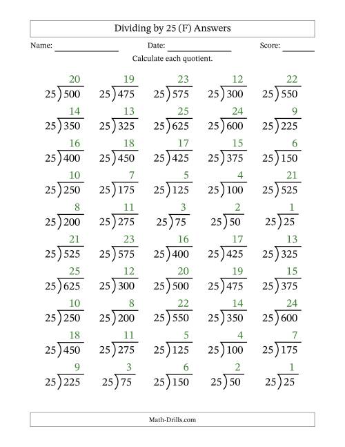 The Division Facts by a Fixed Divisor (25) and Quotients from 1 to 25 with Long Division Symbol/Bracket (50 questions) (F) Math Worksheet Page 2