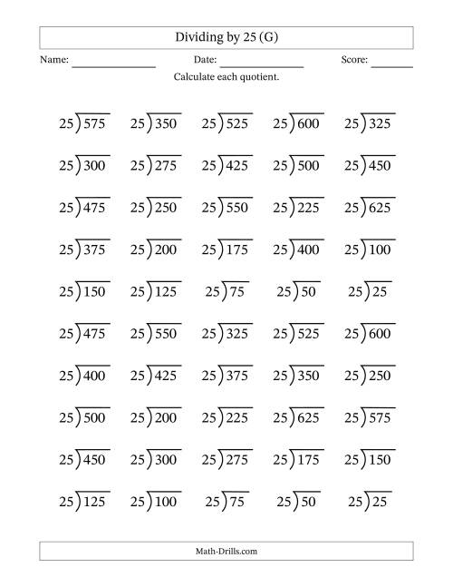 The Division Facts by a Fixed Divisor (25) and Quotients from 1 to 25 with Long Division Symbol/Bracket (50 questions) (G) Math Worksheet