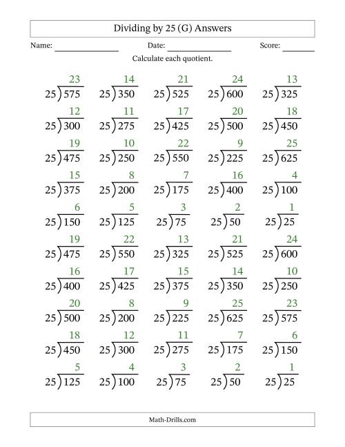 The Division Facts by a Fixed Divisor (25) and Quotients from 1 to 25 with Long Division Symbol/Bracket (50 questions) (G) Math Worksheet Page 2