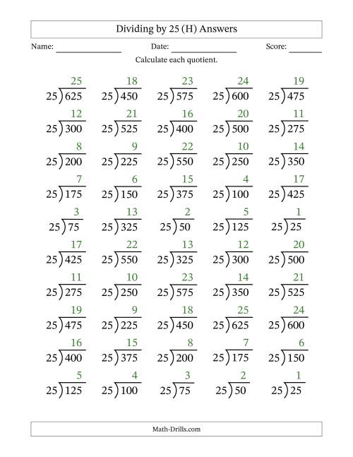 The Division Facts by a Fixed Divisor (25) and Quotients from 1 to 25 with Long Division Symbol/Bracket (50 questions) (H) Math Worksheet Page 2