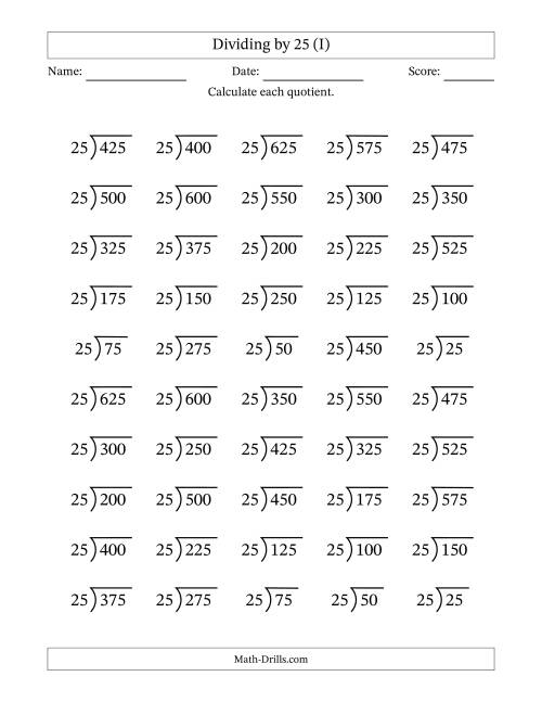 The Division Facts by a Fixed Divisor (25) and Quotients from 1 to 25 with Long Division Symbol/Bracket (50 questions) (I) Math Worksheet