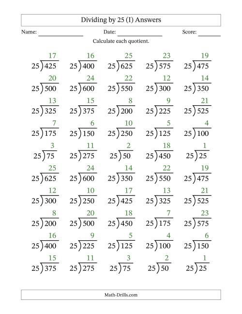 The Division Facts by a Fixed Divisor (25) and Quotients from 1 to 25 with Long Division Symbol/Bracket (50 questions) (I) Math Worksheet Page 2