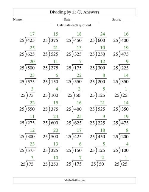 The Division Facts by a Fixed Divisor (25) and Quotients from 1 to 25 with Long Division Symbol/Bracket (50 questions) (J) Math Worksheet Page 2
