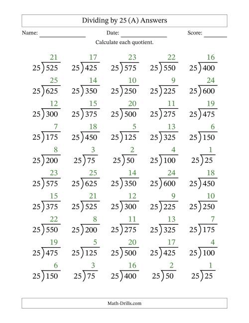The Division Facts by a Fixed Divisor (25) and Quotients from 1 to 25 with Long Division Symbol/Bracket (50 questions) (All) Math Worksheet Page 2
