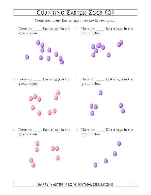 The Counting up to 10 Easter Eggs in Scattered Arrangements (G) Math Worksheet