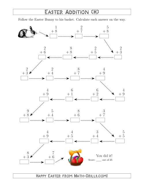The Follow the Easter Bunny Addition with Sums to 18 (H) Math Worksheet