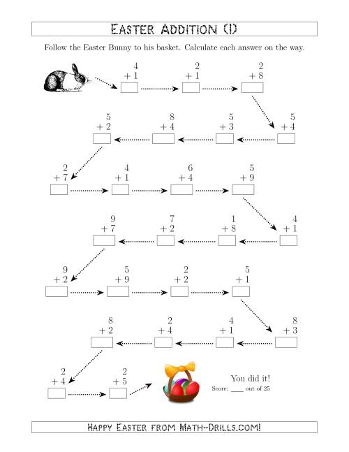 The Follow the Easter Bunny Addition with Sums to 18 (I) Math Worksheet