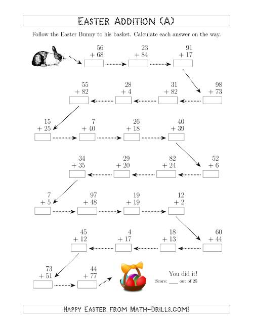 The Follow the Easter Bunny Addition with Sums to 198 (A) Math Worksheet