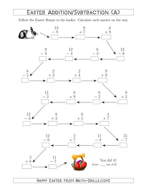 The Follow the Easter Bunny 1-Digit Mixed Addition and Subtraction (A) Math Worksheet